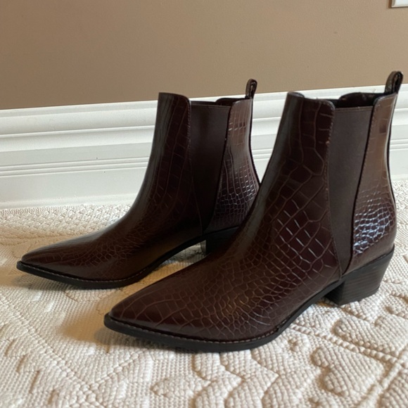 Dark Chocolate Brown Crocodile-Embossed Ankle Booties - Picture 2 of 10